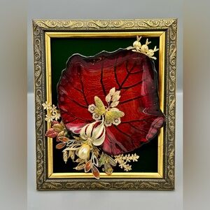 Hand Crafted Framed Vintage Jewelry Collage | Red Glass Leaf Gothic Wall Art